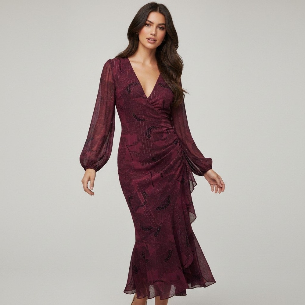 ASTR The Label Womens Burgundy Floral Metallic Wrap Midi‎ Dress ADR100106 XS